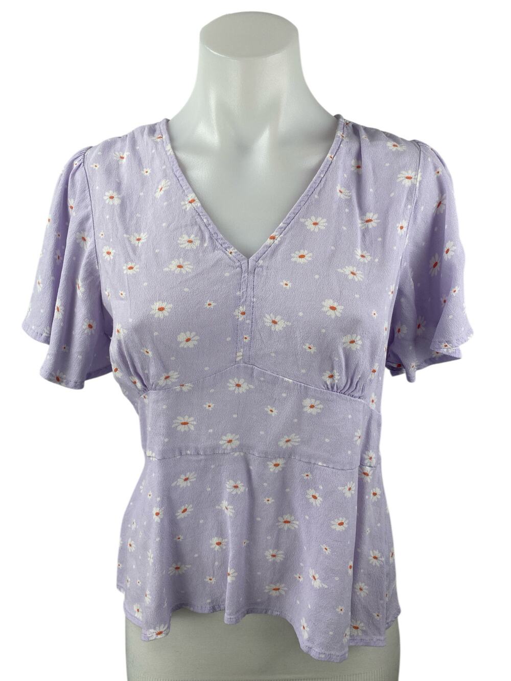Ann Taylor LOFT Purple Lilac Floral Daisy Short Sleeve Peplum Blouse Top Size 6